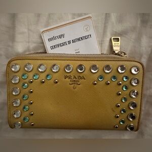 Prada Bijou Saffiano Yellow Leather Wallet Embellished Silver Blue Gems Studs